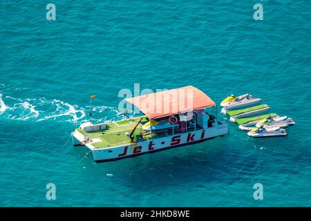 Aerial view, In the bay of Palma, JetSki rental on the water, Palma, Majorca, Balearic Islands, Spain, ES, Europe, jet ski, jet bike, aerial photograp Stock Photo