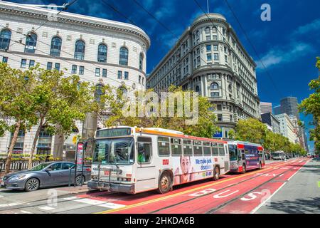 San Francisco, California - August 6, 2017: Buildings from Market and Fifth Street. Bank of America and Flood Building Stock Photo