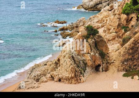 The beautiful beaches with the famous coves of the tourist town of Calella, a famous resort on the Costa Brava in Spain. Stock Photo