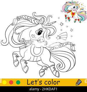 Cute and funny little christmas unicorn. Coloring book page with color template. Vector cartoon illustration. For kids coloring, card, print, design, Stock Vector