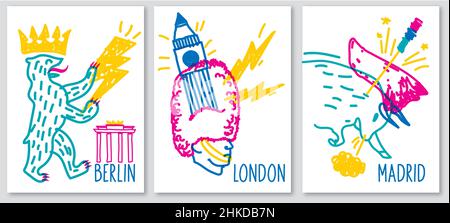 Doodle posters of various symbol cities Stock Vector