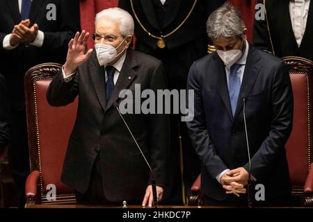 Rome, Italy. 03rd Feb, 2022. The second time elected Italian President Sergio Mattarella with the Italian President of the Lower Chamber, Roberto Fico during the swearing ceremony at the Chamber of Deputies. Rome (Italy), February 2nd, 2022 in Rome, Italy.Photo Pool Augusto Casasoli Insidefoto Credit: insidefoto srl/Alamy Live News Stock Photo