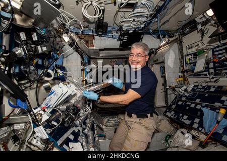 NASA astronaut and Expedition 66 Flight Engineer Mark Vande Hei conducts operations for the Plant Habitat-5 space agriculture experiment that is studying cotton genetics on January 6, 2022. As of February 3, 2022, Mark Vande Hei has lived in space continuously for 300 days since launching and docking to the orbiting lab on April 9, 2021. He is on his way to surpassing Christina Kochs 328-day mission on March 3 and Scott Kellys 340 days on March 15. Vande Hei will return to Earth on March 30 with a NASA astronaut record-breaking 355 consecutive days in Earth orbit. Mandatory Credit: Kayla Bar Stock Photo