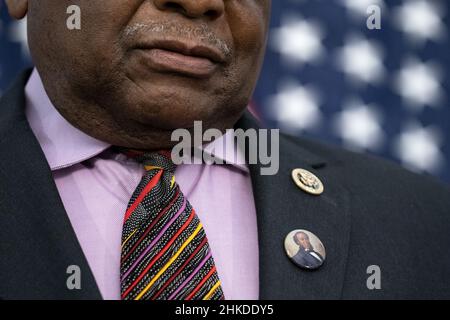 Washington, United States. 03rd Feb, 2022. House Majority Whip James Clyburn (D-S.C.) addresses reporters during a press conference to unveil the Joseph H. Rainey Room in the U.S. Capitol in Washington, DC, on Thursday, February 3, 2022. Rainey was the first Black person to serve in the United States House of Representatives. Pool Photo by Greg Nash/UPI Credit: UPI/Alamy Live News Stock Photo