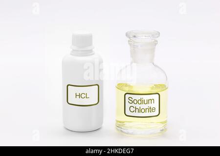 bottle of sodium chlorite next to activator Hydrochloric acid HCL, purifying chemicals and powerful disinfectants Stock Photo