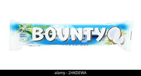 Kiev, Ukraine - December 13, 2021: Bounty coconut candy chocolate bar on white background Stock Photo