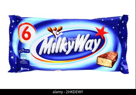 Kiev, Ukraine - December 13, 2021: Milky Way package of chocolate bars. Milky Way is a brand of chocolate-covered confectionery bar manufactured and m Stock Photo