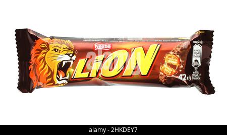 Kiev, Ukraine - December 13, 2021: Lion chocolate bar on white background. Lion is a brand of chocolate bar currently owned and manufactured by Nestle Stock Photo