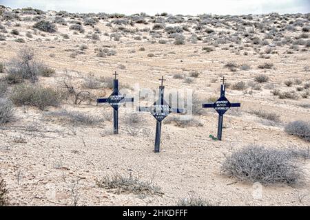 A roadside memorial honoring the person, persons or family that died while driving, Highway 3, Sonora, Baja, California, Mexico Stock Photo