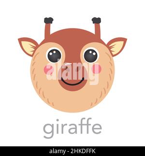 Giraffe Cute portrait with name text smile head cartoon round shape animal face, isolated vector icon illustrations on white background. Flat simple hand drawn for kids cards, t-shirts, baby clothes Stock Vector