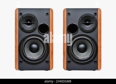 Speakers front view on a white background isolated. Music audio system. Stock Photo