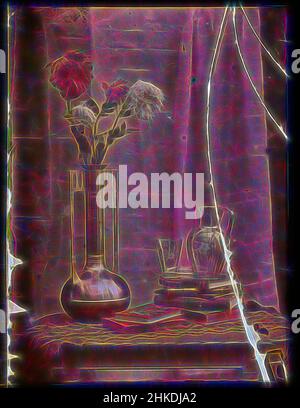 Inspired by Still life with flowers on a vase, some books, a cheroot and a glass, all on a table, Anton Cornelis Thomann, Netherlands, 1907 - 1930, glass, slide, height 119 mm × width 91 mm, Reimagined by Artotop. Classic art reinvented with a modern twist. Design of warm cheerful glowing of brightness and light ray radiance. Photography inspired by surrealism and futurism, embracing dynamic energy of modern technology, movement, speed and revolutionize culture Stock Photo