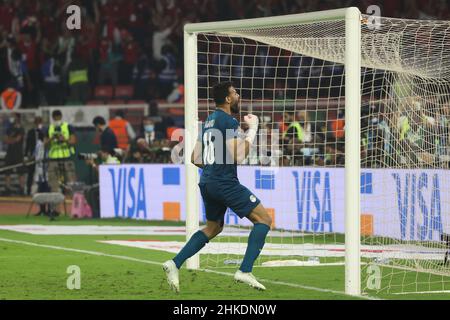 CAMEROON, Yaounde, 03 February 2022 - goalkeeper Gabaski of Egypt celebrates after save penalty during the Africa Cup of Nations play offs semi final match between Cameroon and Egypt at Stade d'Olembe, Yaounde, Cameroon, 03/02/2022/ Photo by SF Credit: Sebo47/Alamy Live News Stock Photo