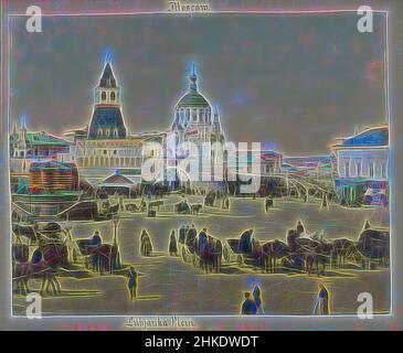 Inspired by Lubyanka square, located in front of a walled district in Moscow, Lubyanka square, A colored photograph from Lubyanka square in Moscow. In the foreground are a number of carriages together.,, Henry Pauw van Wieldrecht, 1898, paper, albumen print, height 220 mm × width 275 mmheight 259 mm, Reimagined by Artotop. Classic art reinvented with a modern twist. Design of warm cheerful glowing of brightness and light ray radiance. Photography inspired by surrealism and futurism, embracing dynamic energy of modern technology, movement, speed and revolutionize culture Stock Photo