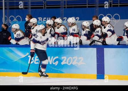 Beijing, China. 3rd Feb, 2022. Alex Carpenter (25) of Team United States after scoring a goal against against Finland in a women's ice hockey Group A match during the Beijing 2022 Olympic Winter Games at Wukesong Sports Centre. (Credit Image: © David G. McIntyreZUMA Press Wire) Credit: ZUMA Press, Inc./Alamy Live News Stock Photo