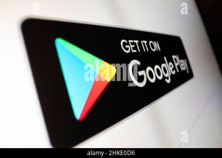 Melbourne, Australia - Feb 4, 2022: Close-up view of Get it on Google Play badge on a website, shot with macro probe lens Stock Photo