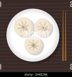 Xiaolongbao chinese dumplins, oriental asian healthy diet meal on plate. Vector illustration. Simple flat stock image. Steamed traditional xiao long Stock Vector