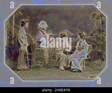 Inspired by Group portrait of four Japanese women with tea set, Singing Girls, Part of Photo album of recordings of sights in Japan and studio portraits., Japan, c. 1870 - c. 1900, paint (coating), albumen print, height 198 mm × width 266 mm, Reimagined by Artotop. Classic art reinvented with a modern twist. Design of warm cheerful glowing of brightness and light ray radiance. Photography inspired by surrealism and futurism, embracing dynamic energy of modern technology, movement, speed and revolutionize culture Stock Photo