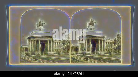 Inspired by View of the Wellington Arch in London, Triumphal Arch, with Duke of Wellington Statue at Hyde Park Corner-shewing Apsley House., James Elliott, London, c. 1850 - c. 1880, albumen print, height 85 mm × width 170 mm, Reimagined by Artotop. Classic art reinvented with a modern twist. Design of warm cheerful glowing of brightness and light ray radiance. Photography inspired by surrealism and futurism, embracing dynamic energy of modern technology, movement, speed and revolutionize culture Stock Photo