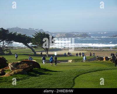 Pebble Beach, USA. 03rd Feb, 2022. Mookie Betts putts onto the 6th green at  Monterey Peninsula Club during the first round of the AT&T Pro-Am PGA Tour  golf event Monterey Peninsula, California