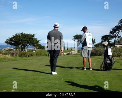 Pebble Beach, USA. 03rd Feb, 2022. Mookie Betts putts onto the 6th green at  Monterey Peninsula Club during the first round of the AT&T Pro-Am PGA Tour  golf event Monterey Peninsula, California