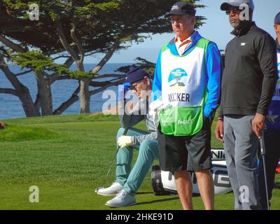 Pebble Beach, USA. 03rd Feb, 2022. Mookie Betts putts onto the 6th green at  Monterey Peninsula Club during the first round of the AT&T Pro-Am PGA Tour  golf event Monterey Peninsula, California