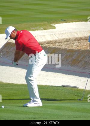 Pebble Beach, USA. 03rd Feb, 2022. Mookie Betts putts onto the 6th green at  Monterey Peninsula Club during the first round of the AT&T Pro-Am PGA Tour  golf event Monterey Peninsula, California