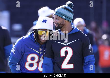 Las Vegas, Nevada, USA. 3rd Feb, 2022. Dallas Cowboys wide receiver Ceedee Lamb (88) and Philadelphia Eagles cornerback Darius Slay (2) during the NFC Pro Bowl Practice at Las Vegas Ballpark in Las Vegas, Nevada. Darren Lee/CSM/Alamy Live News Stock Photo