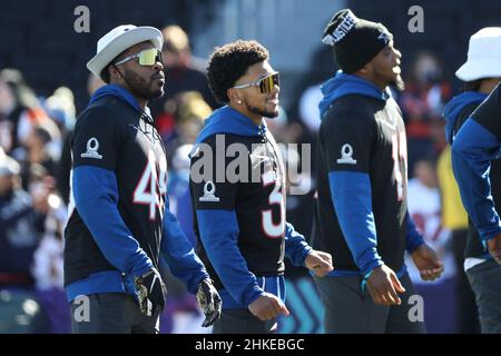 February 3, 2022: New Orleans Saints safety J.T. Gray (48), Tampa Bay Buccaneers safety Antoine Winfield Jr. (31), and Dallas Cowboys linebacker Micah Parsons (11).during the NFC Pro Bowl Practice at Las Vegas Ballpark in Las Vegas, Nevada. Darren Lee/CSM Stock Photo