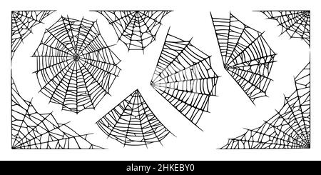 Spider web set isolated on white background. Spooky Halloween cobwebs. Handrawn vector illustration Stock Vector