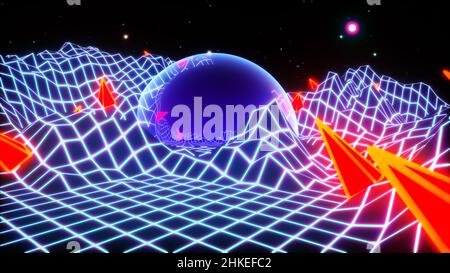 Neon grid mountains landscape in 80s synthwave or retrowave style with glass dome or sphere and red triangular spikes. Arcade game style Stock Photo