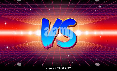 VS sign in 80s game style with synthwave landscape and brush painted letters. Versus symbol for battle or competition poster Stock Vector