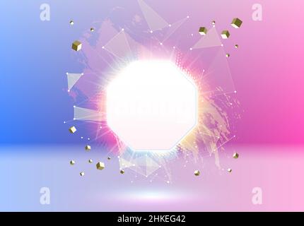Abstract pink and blue vaporwave styled background with shiny neon frame, brush stroke, halftone blot and triangular dotted grid. Stock Vector