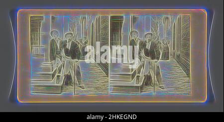 Inspired by Two men in an alley with two women in background, c. 1895 - c. 1900, height 87 mm × width 176 mm, Reimagined by Artotop. Classic art reinvented with a modern twist. Design of warm cheerful glowing of brightness and light ray radiance. Photography inspired by surrealism and futurism, embracing dynamic energy of modern technology, movement, speed and revolutionize culture Stock Photo
