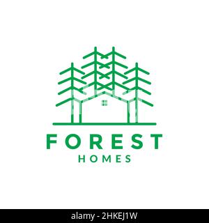 art line pine forest with home logo design vector graphic symbol icon illustration creative idea Stock Vector