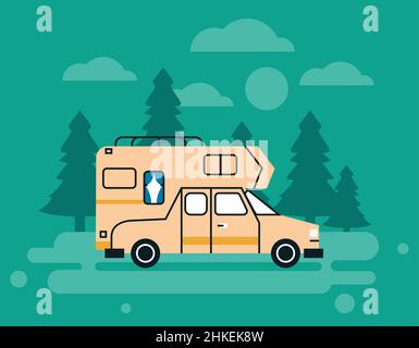 beige camper in landscape Stock Vector