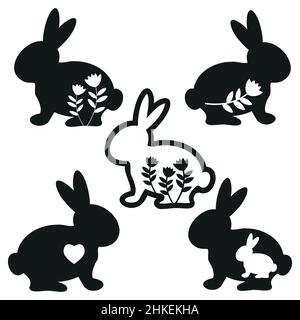 A set of silhouettes of Easter bunnies with a pattern, isolated vector illustration. Stock Vector