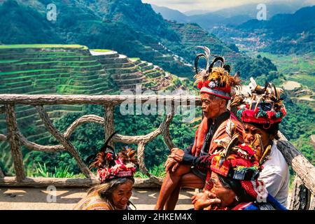 Ifugao tribe at Banaue rice terraces, Ifugao, Philippines Stock Photo