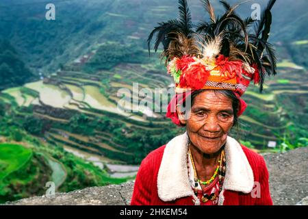 Ifugao woman in traditional clothes at Banaue rice terraces, Ifugao, Philippines Stock Photo
