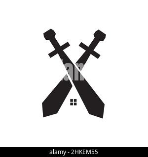 cross sword with home logo design, vector graphic symbol icon illustration creative idea Stock Vector