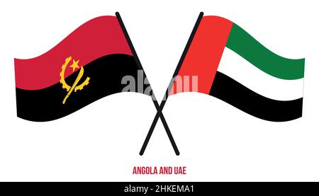 Angola and UAE Flags Crossed And Waving Flat Style. Official Proportion. Correct Colors. Stock Vector