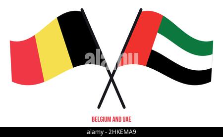 Belgium and UAE Flags Crossed And Waving Flat Style. Official Proportion. Correct Colors. Stock Vector