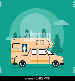 beige camper in forest Stock Vector