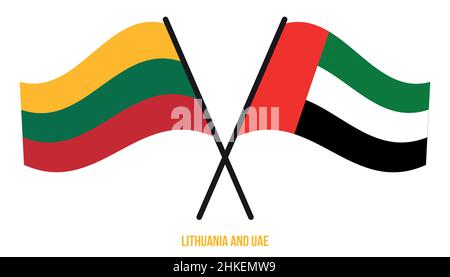 Lithuania and UAE Flags Crossed And Waving Flat Style. Official Proportion. Correct Colors. Stock Vector