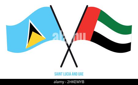 Saint Lucia and UAE Flags Crossed And Waving Flat Style. Official Proportion. Correct Colors. Stock Vector