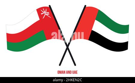Oman and UAE Flags Crossed And Waving Flat Style. Official Proportion. Correct Colors. Stock Vector