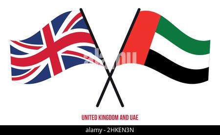 United Kingdom and UAE Flags Crossed And Waving Flat Style. Official Proportion. Correct Colors. Stock Vector