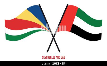 Seychelles and UAE Flags Crossed And Waving Flat Style. Official Proportion. Correct Colors. Stock Vector