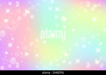Rainbow fantasy background. Holographic illustration in pastel colors. Cute cartoon girly background. Bright multicolored sky with bokeh and hearts. V Stock Vector