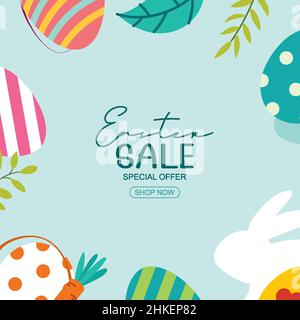 Easter sale banner design template with colorful eggs and flowers. Use for advertising, flyers, posters, brochure, voucher discount. Stock Vector